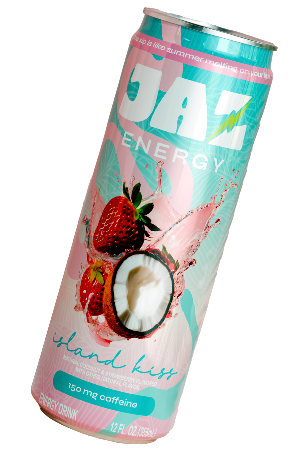 Jaz Energy Island Kiss energy drink can with strawberry and coconut graphics on a transparent background