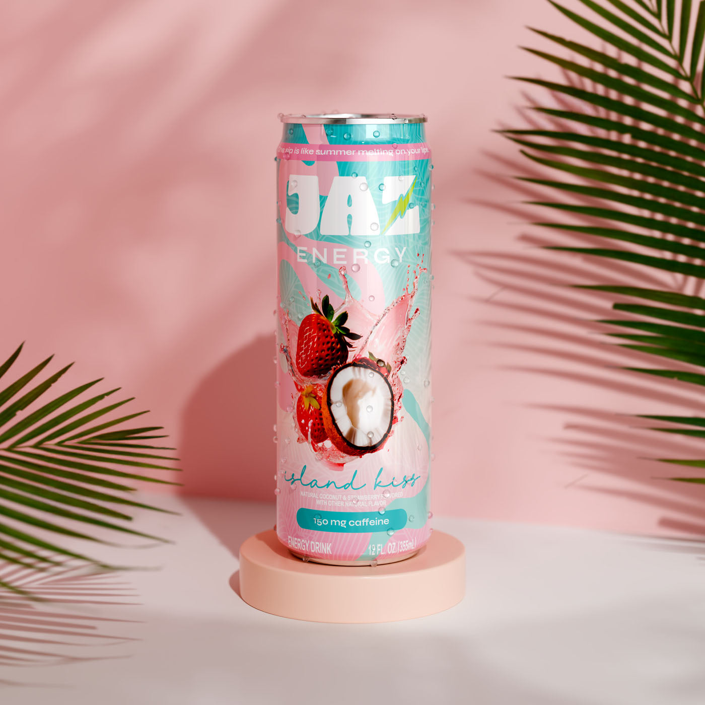 Jaz Energy can on pink background with tree leaves – clean, naturally sweetened energy drink with tropical flavor