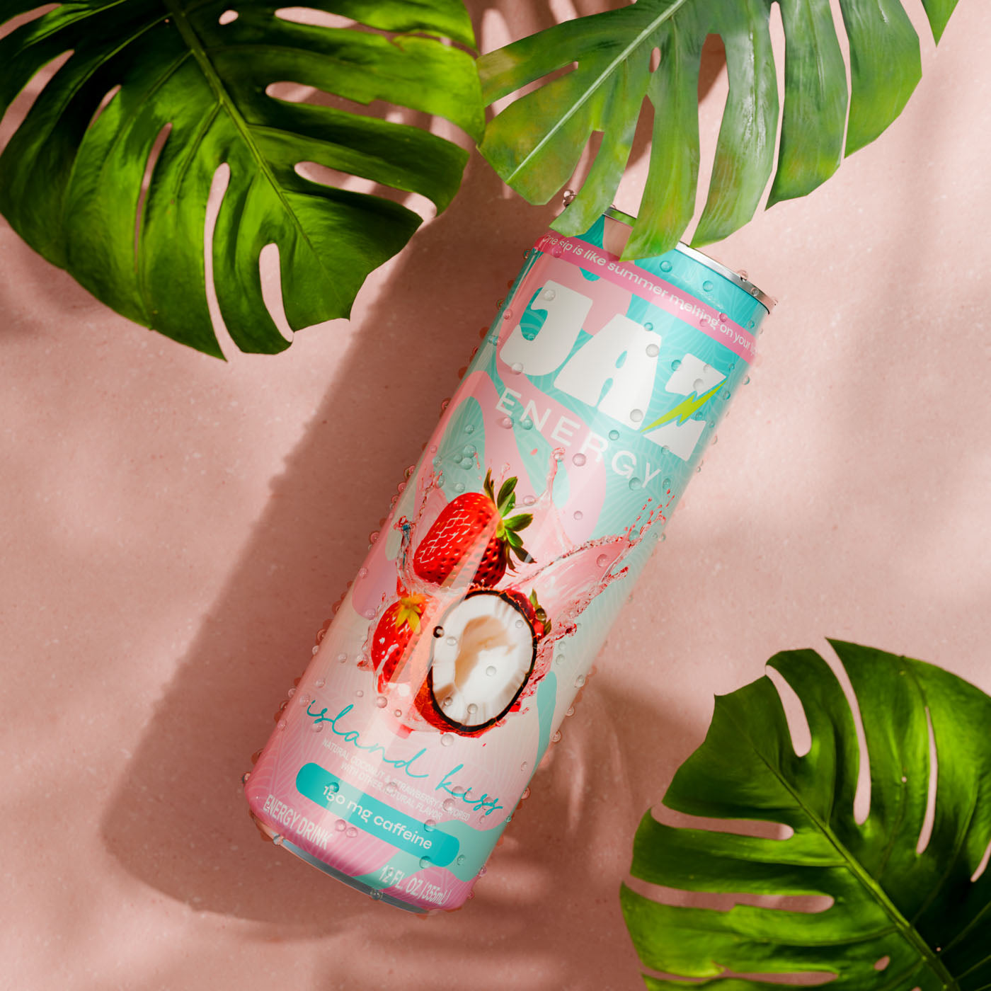 Can of Jolt Energy drink with strawberry and coconut design on a pink background with green leaves.