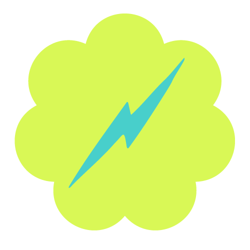 Flower-shaped green sticker with a blue lightning bolt in the center on a white background