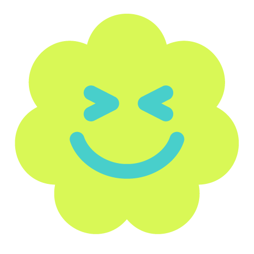 Flower-shaped sticker with a blue smiley face on a white background